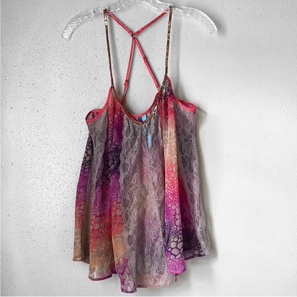 FREE PEOPLE SEQUIN MULTI-COLOR ANIMAL PRINT CAMI TOP BLOUSE SHIRT SIZE LARGE - Picture 4 of 16